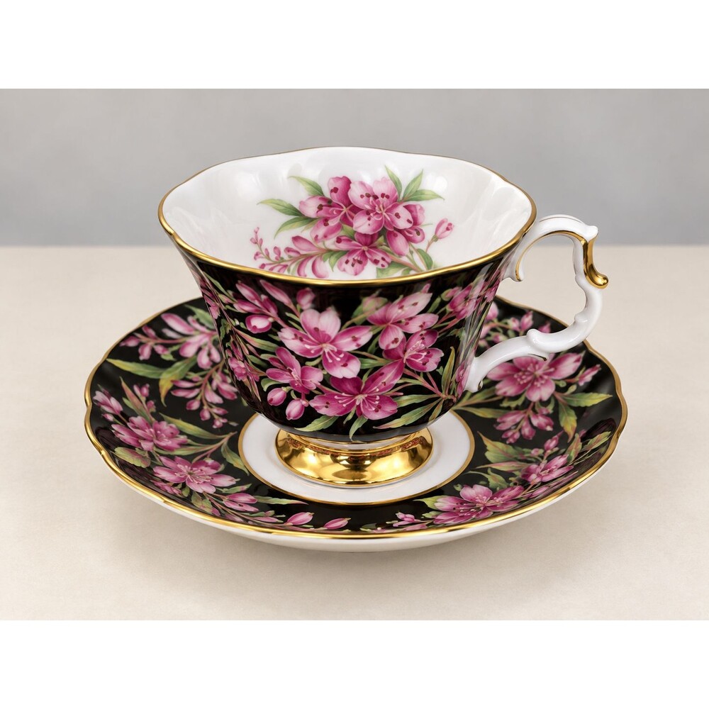 Royal Albert Fireweed Teacup & Saucer – Provincial Flowers – Black Floral